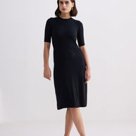 Reistor High Crew Neck Elbow Sleeves Fitted Dress in Black