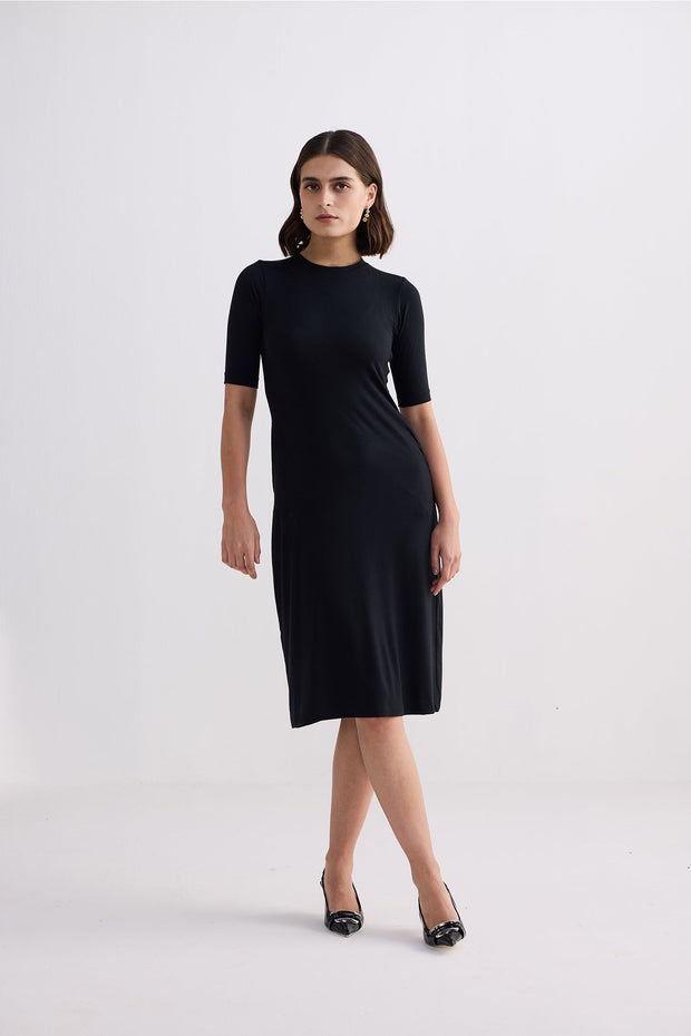 Reistor High Crew Neck Elbow Sleeves Fitted Dress in Black