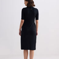 Reistor High Crew Neck Elbow Sleeves Fitted Dress in Black
