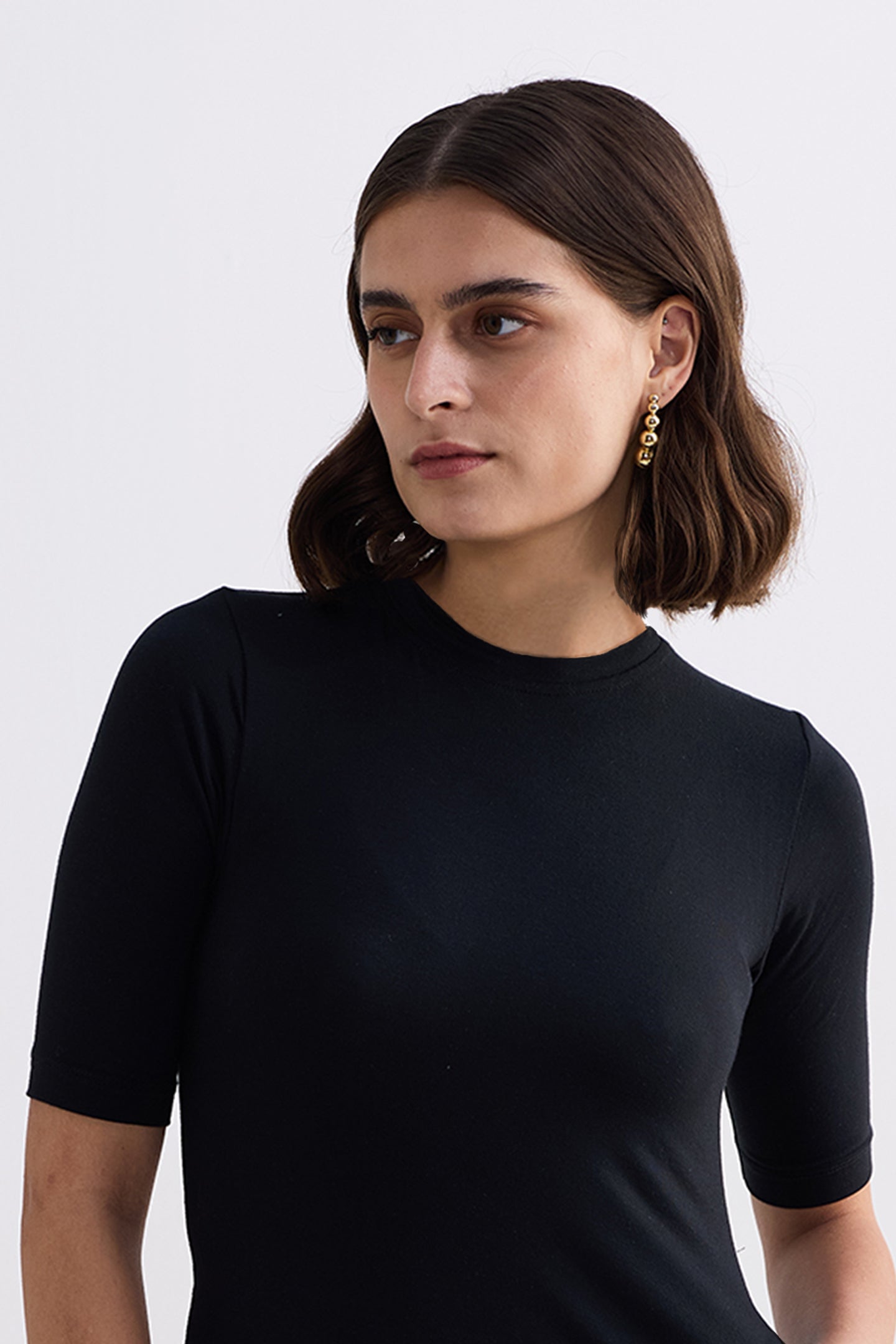 Reistor High Crew Neck Elbow Sleeves Fitted Dress in Black