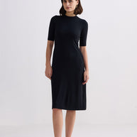 Reistor High Crew Neck Elbow Sleeves Fitted Dress in Black