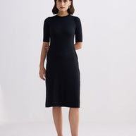 Reistor High Crew Neck Elbow Sleeves Fitted Dress in Black