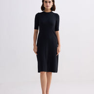 Reistor High Crew Neck Elbow Sleeves Fitted Dress in Black