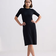 Reistor High Crew Neck Elbow Sleeves Fitted Dress in Black