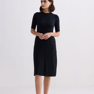 Reistor High Crew Neck Elbow Sleeves Fitted Dress in Black