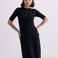 Reistor High Crew Neck Elbow Sleeves Fitted Dress in Black