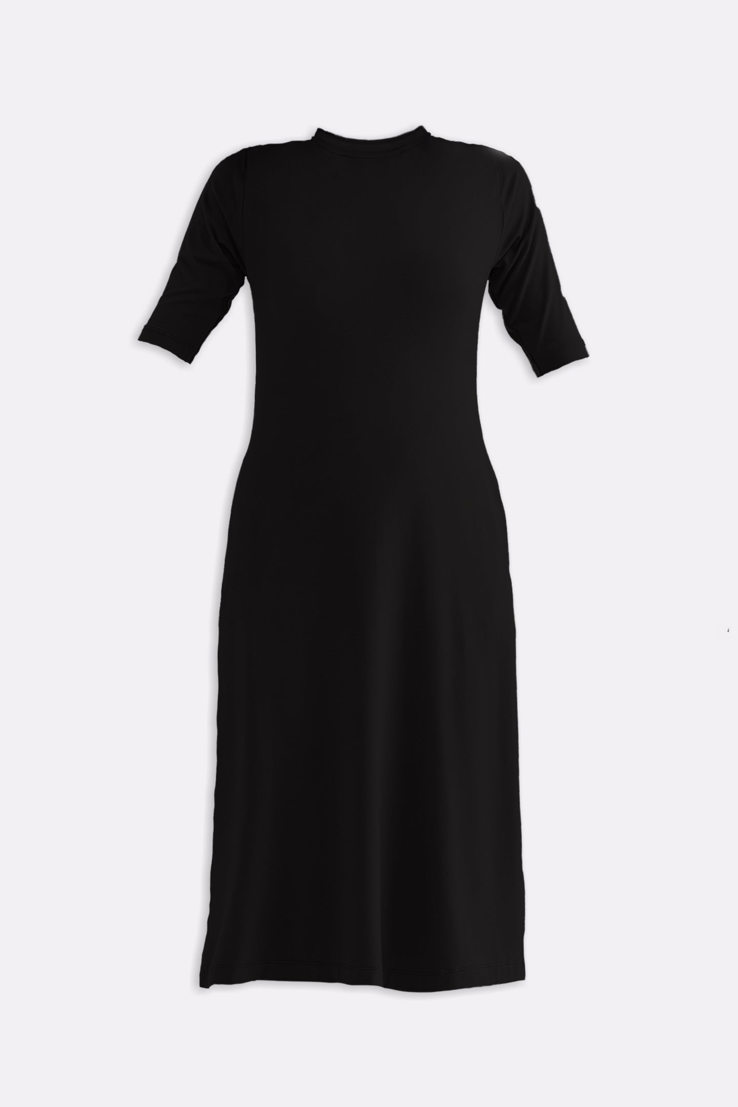 Reistor High Crew Neck Elbow Sleeves Fitted Dress in Black