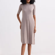 Reistor High Crew Neck Elbow Sleeves Fitted Dress in Dusty Brown