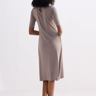 Reistor High Crew Neck Elbow Sleeves Fitted Dress in Dusty Brown