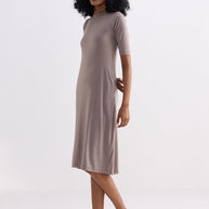 Reistor High Crew Neck Elbow Sleeves Fitted Dress in Dusty Brown