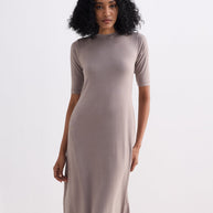 Reistor High Crew Neck Elbow Sleeves Fitted Dress in Dusty Brown