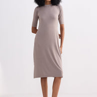 Reistor High Crew Neck Elbow Sleeves Fitted Dress in Dusty Brown
