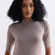 Reistor High Crew Neck Elbow Sleeves Fitted Dress in Dusty Brown