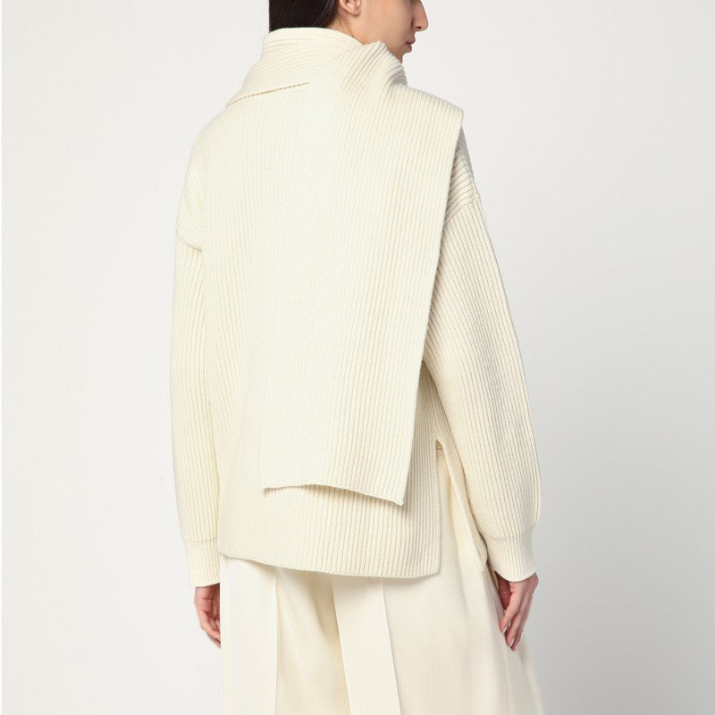 Jil Sander Ivory Sweater In Wool With Scarf