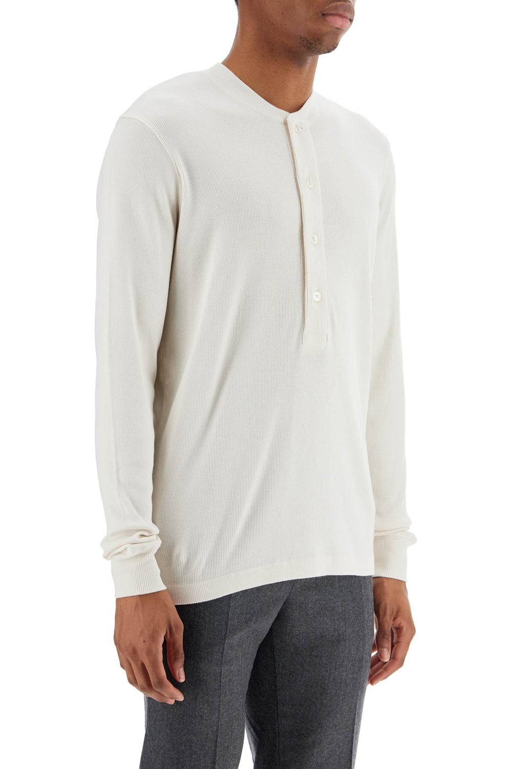 Tom Ford Henley T-Shirt Ivory In Cotton And Microfiber Ribbed