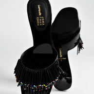 Larroudé X Jonathan Cohen Fringe Greta Mule In Black Patent Leather