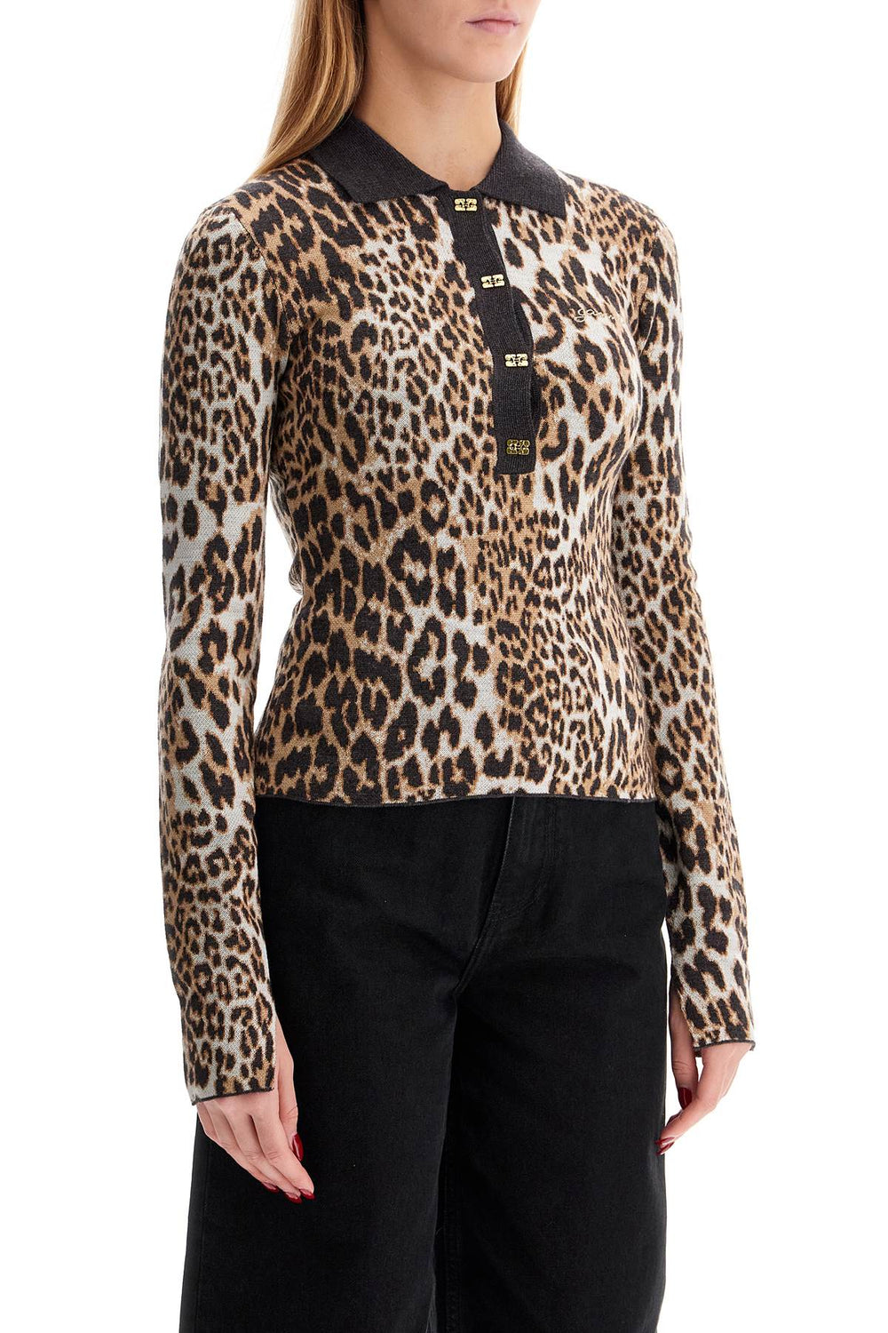 Ganni Animal Print Jacquard Knit Polo Sweater