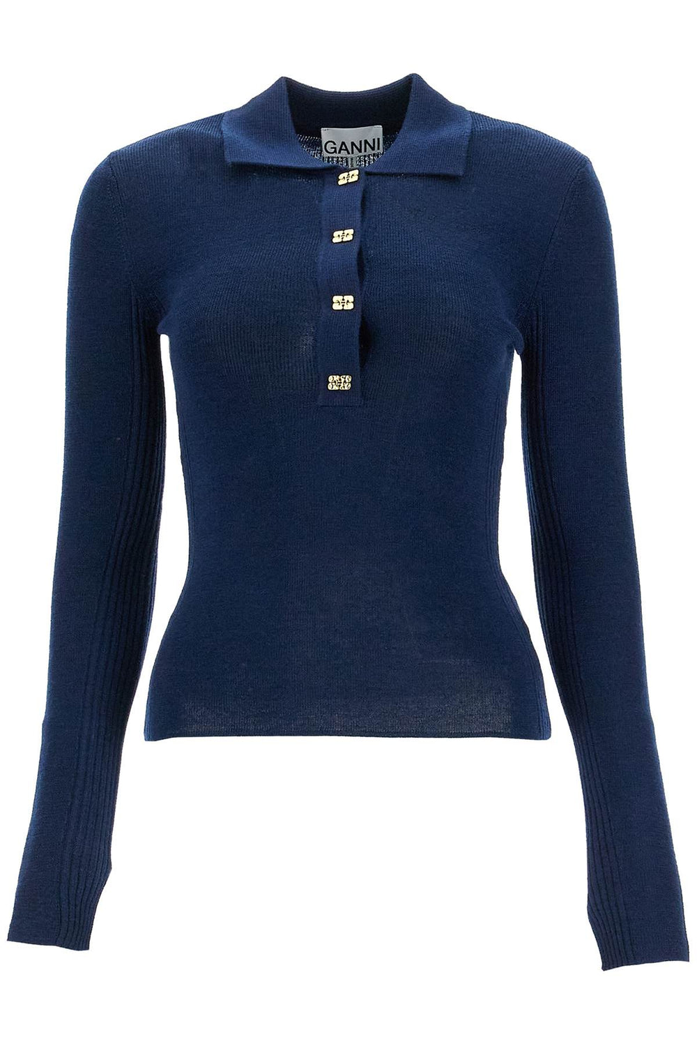 Ganni Long-Sleeved Merino Wool Polo Sweater