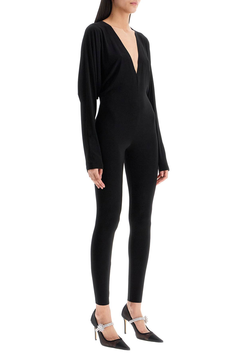 Norma Kamali Black Slim Fit Long Sleeve V Neck Jumpsuit