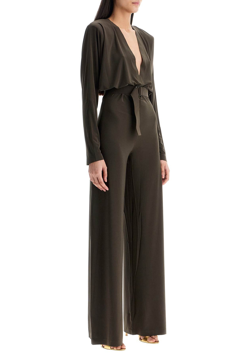 Norma Kamali Dark Green Long Sleeve V-neck Jumpsuit