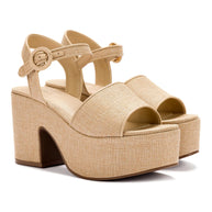 Larroude Miso Platform Strap Sandal In Beige Raffia