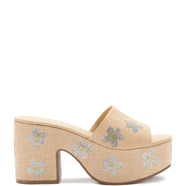 Larroude Miso Platform Sandal In Beige Raffia And Floral Crystals
