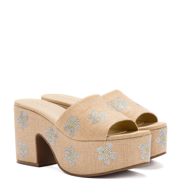 Larroude Miso Platform Sandal In Beige Raffia And Floral Crystals