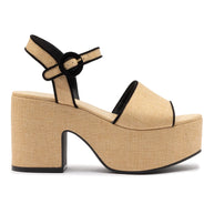 Larroude Miso Sandal In Beige Raffia and Black Trimming