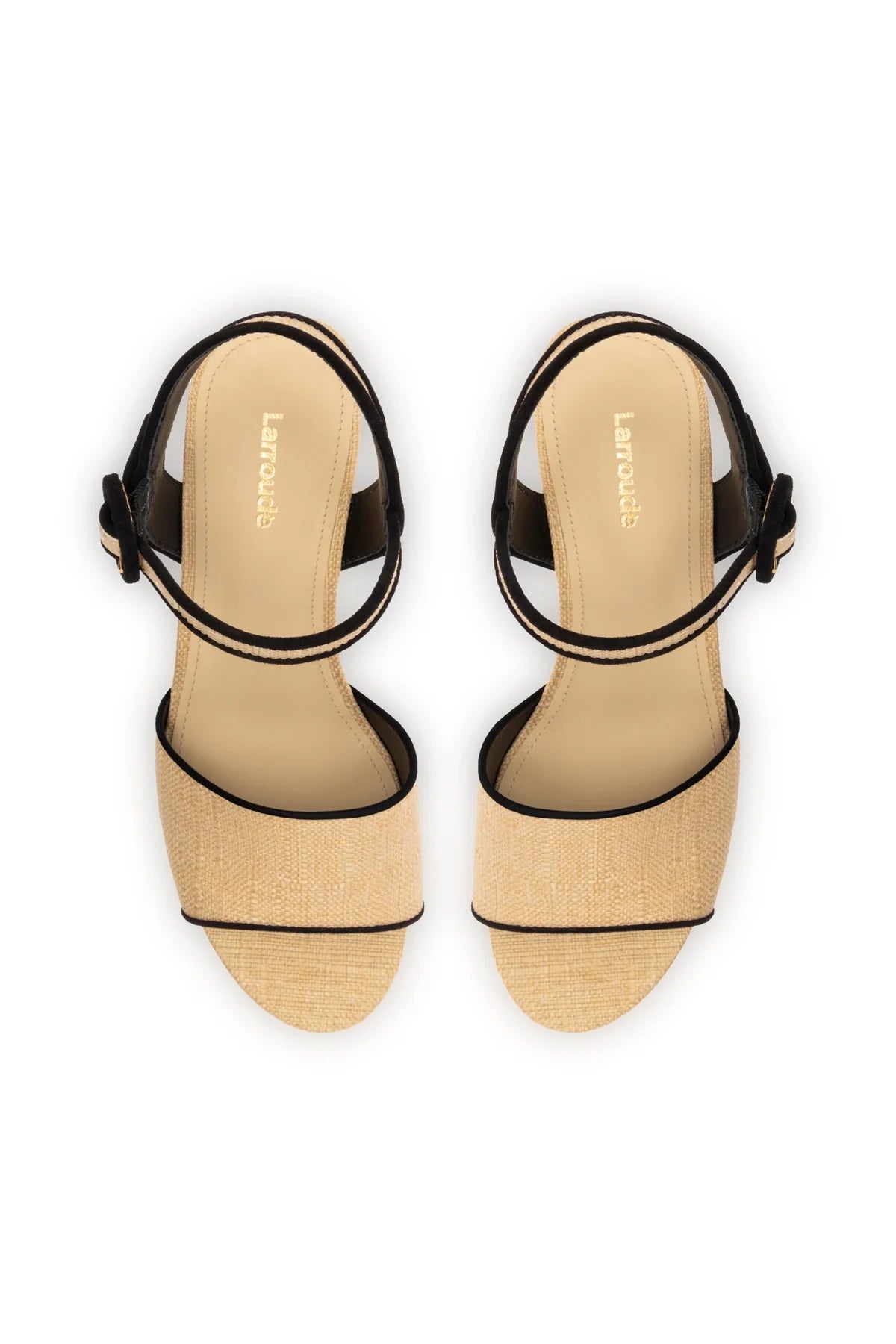 Larroude Miso Sandal In Beige Raffia and Black Trimming