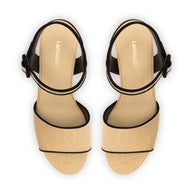 Larroude Miso Sandal In Beige Raffia and Black Trimming