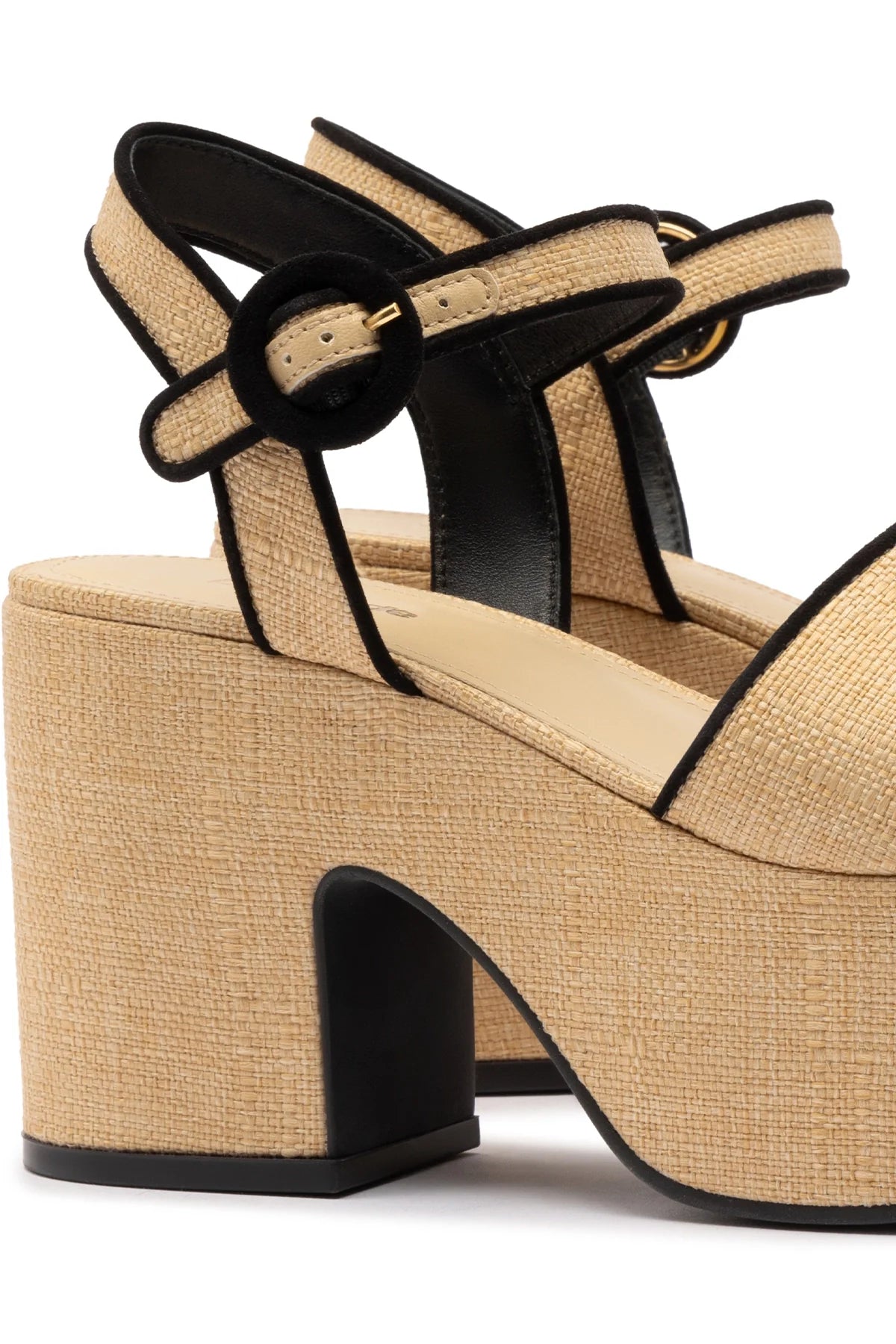 Larroude Miso Sandal In Beige Raffia and Black Trimming
