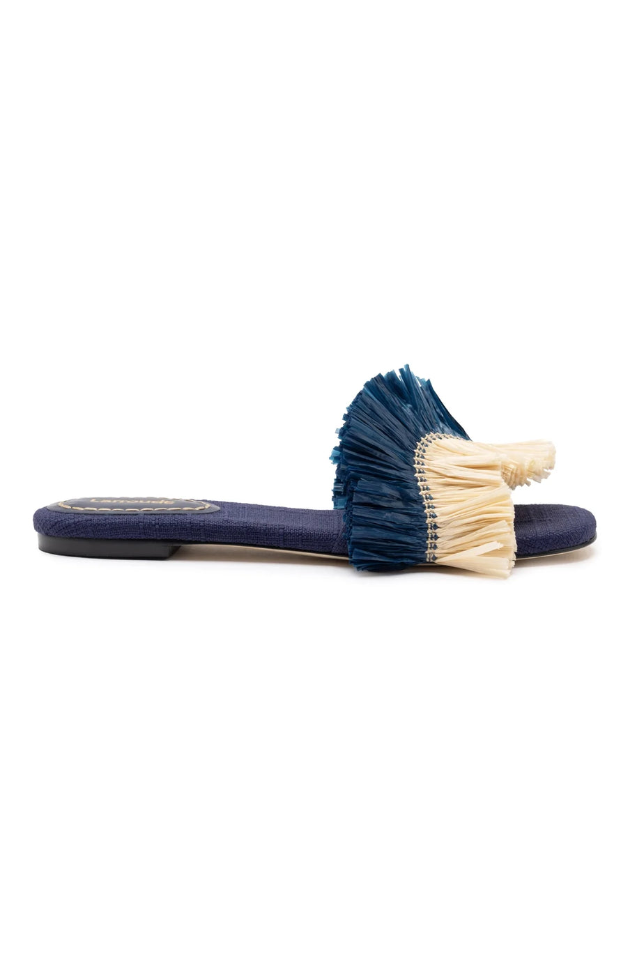Larroude Ivy Fringe Flat In Navy Raffia