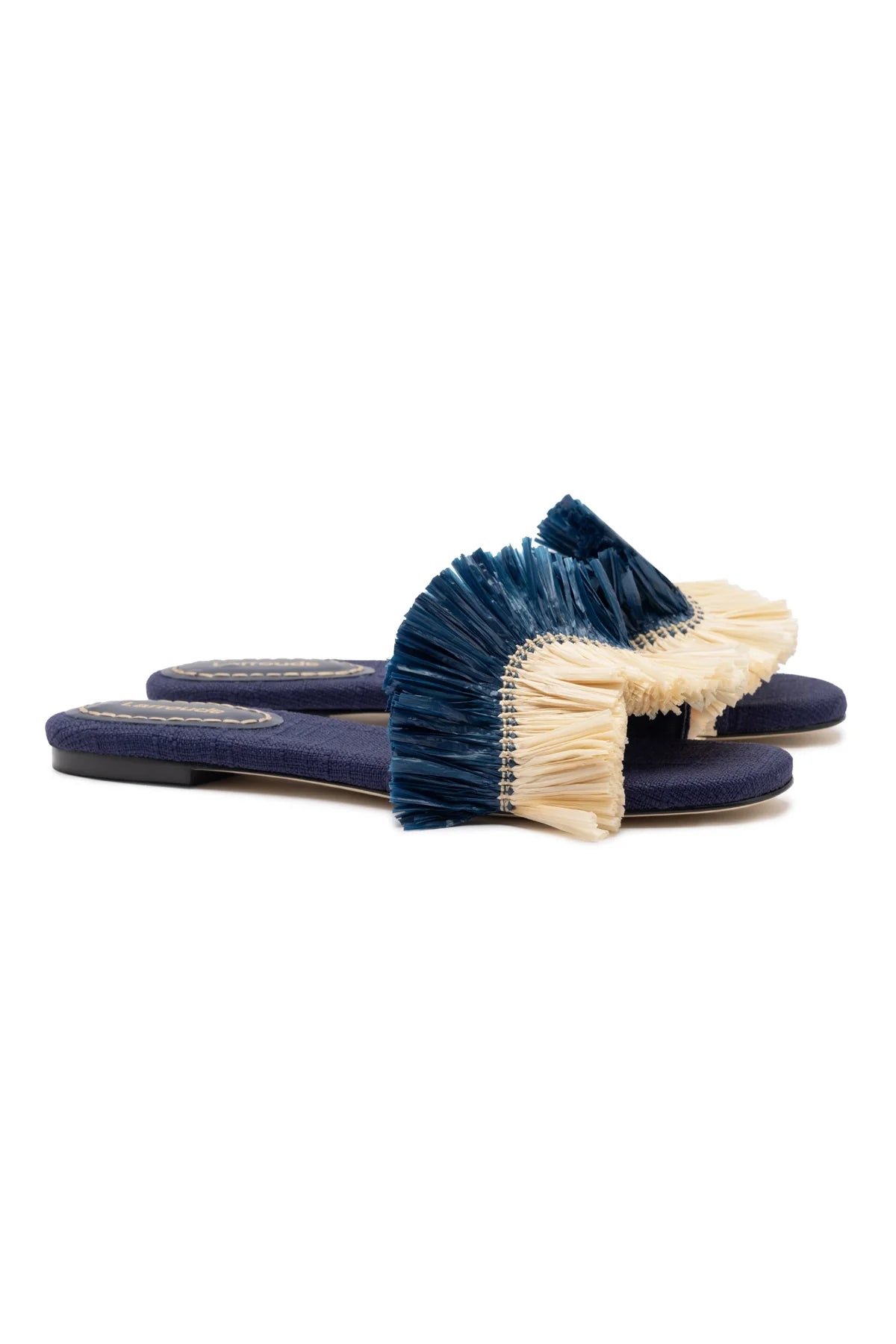 Larroude Ivy Fringe Flat In Navy Raffia