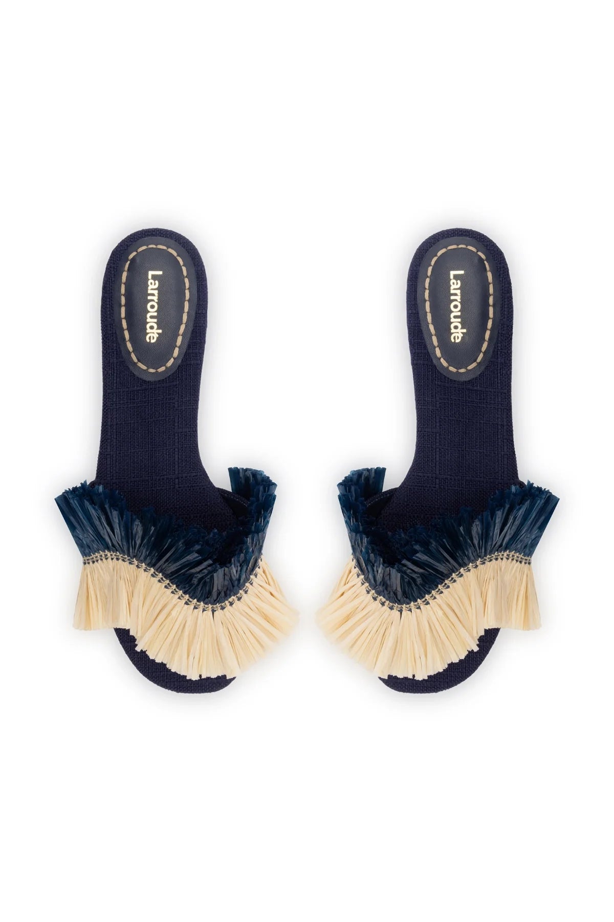 Larroude Ivy Fringe Flat In Navy Raffia