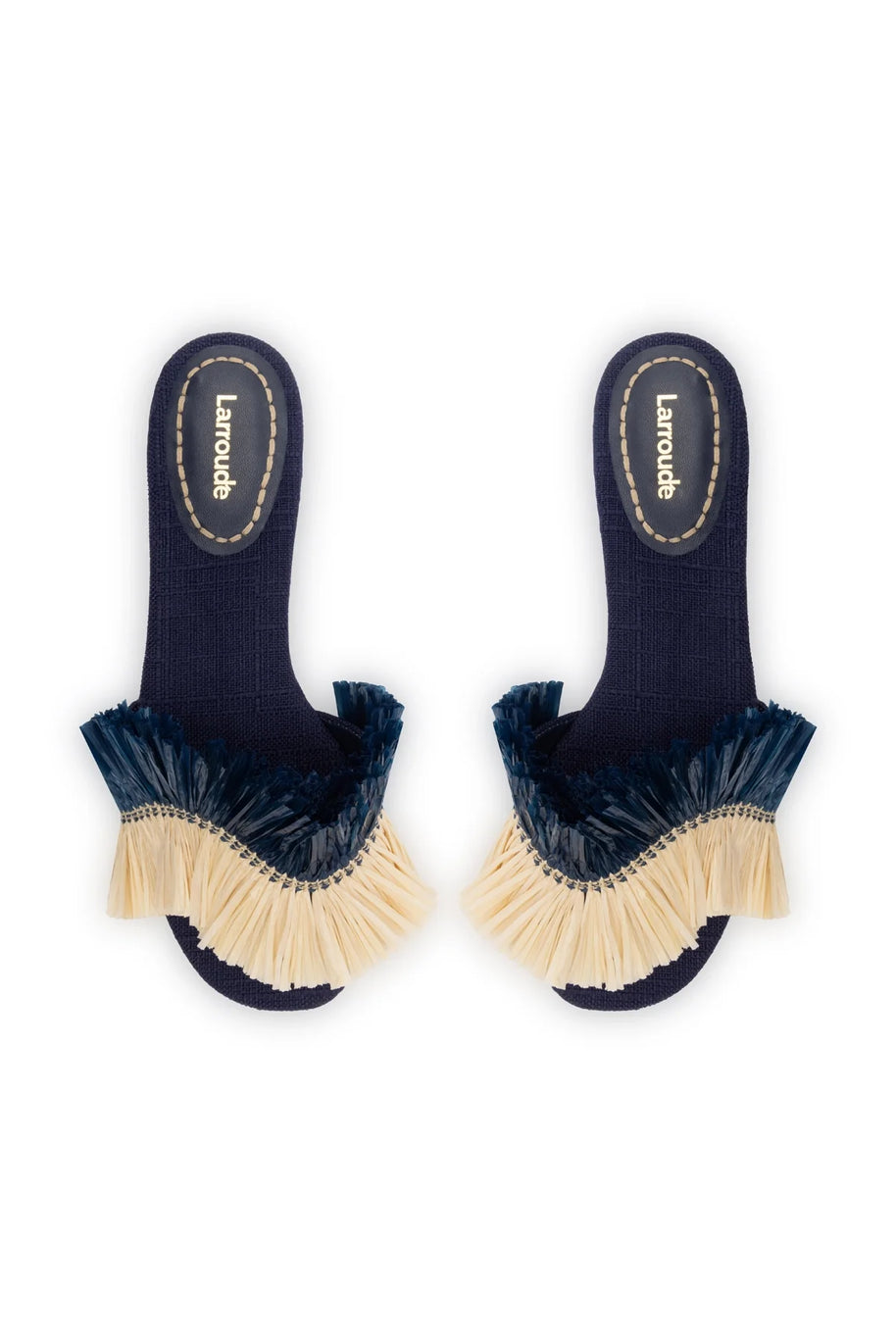 Larroude Ivy Fringe Flat In Navy Raffia