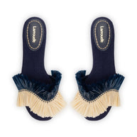 Larroude Ivy Fringe Flat In Navy Raffia