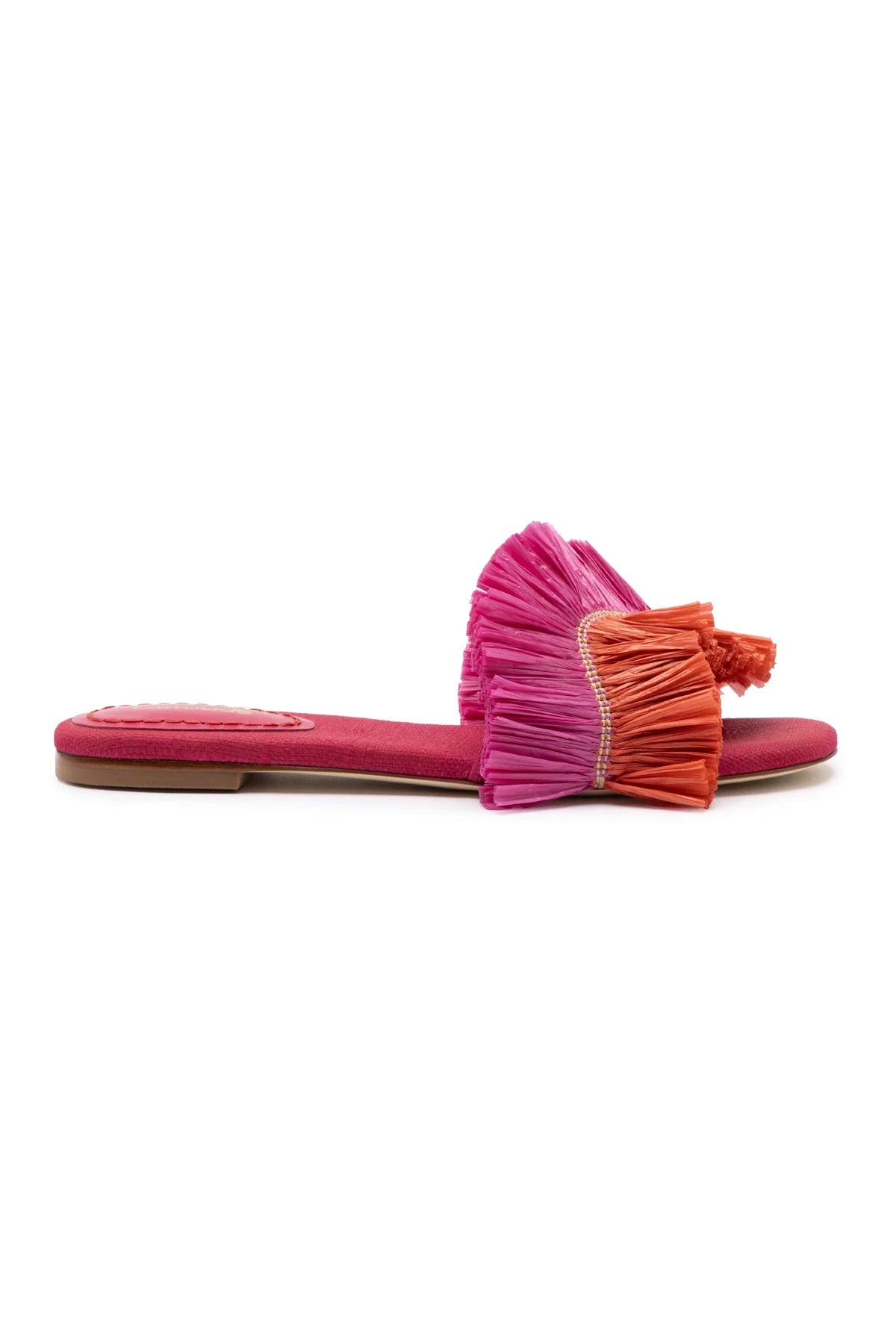 Larroude Ivy Fringe Flat In Pink And Orange Raffia