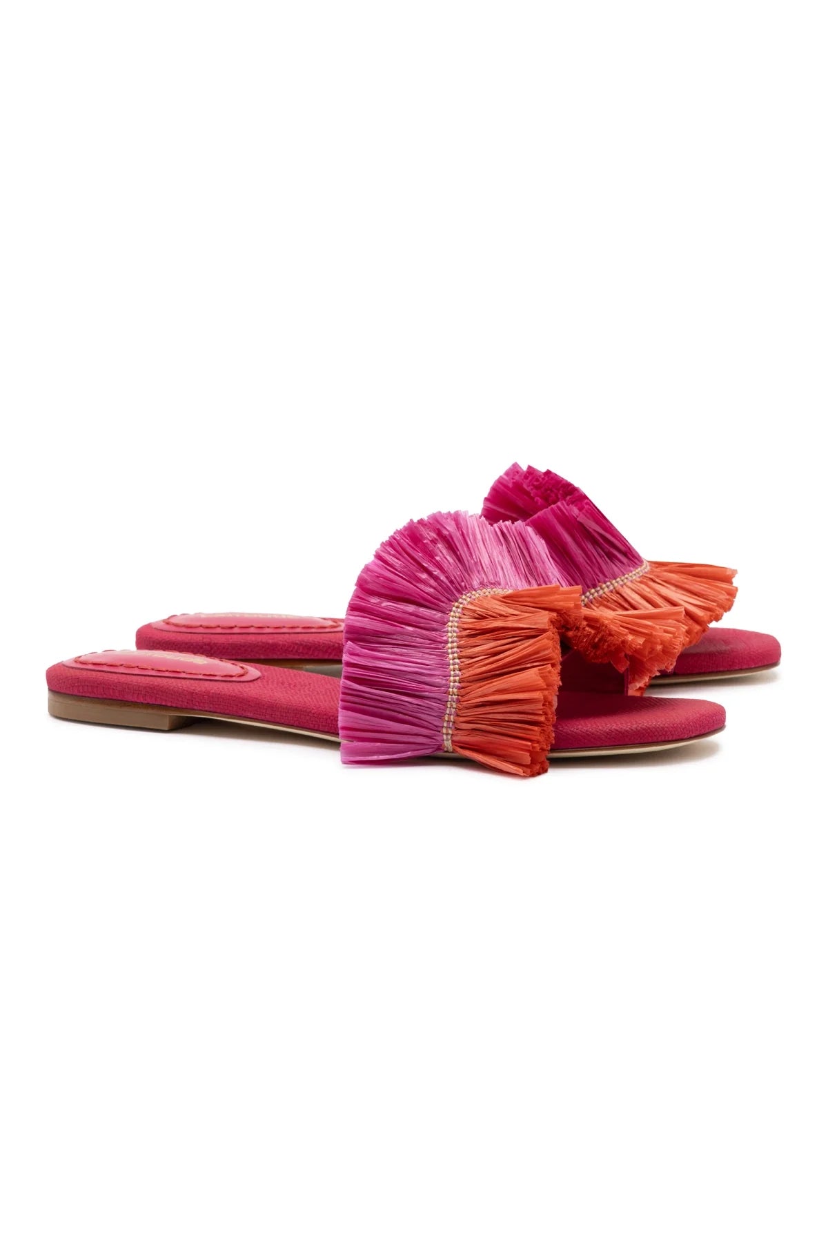 Larroude Ivy Fringe Flat In Pink And Orange Raffia