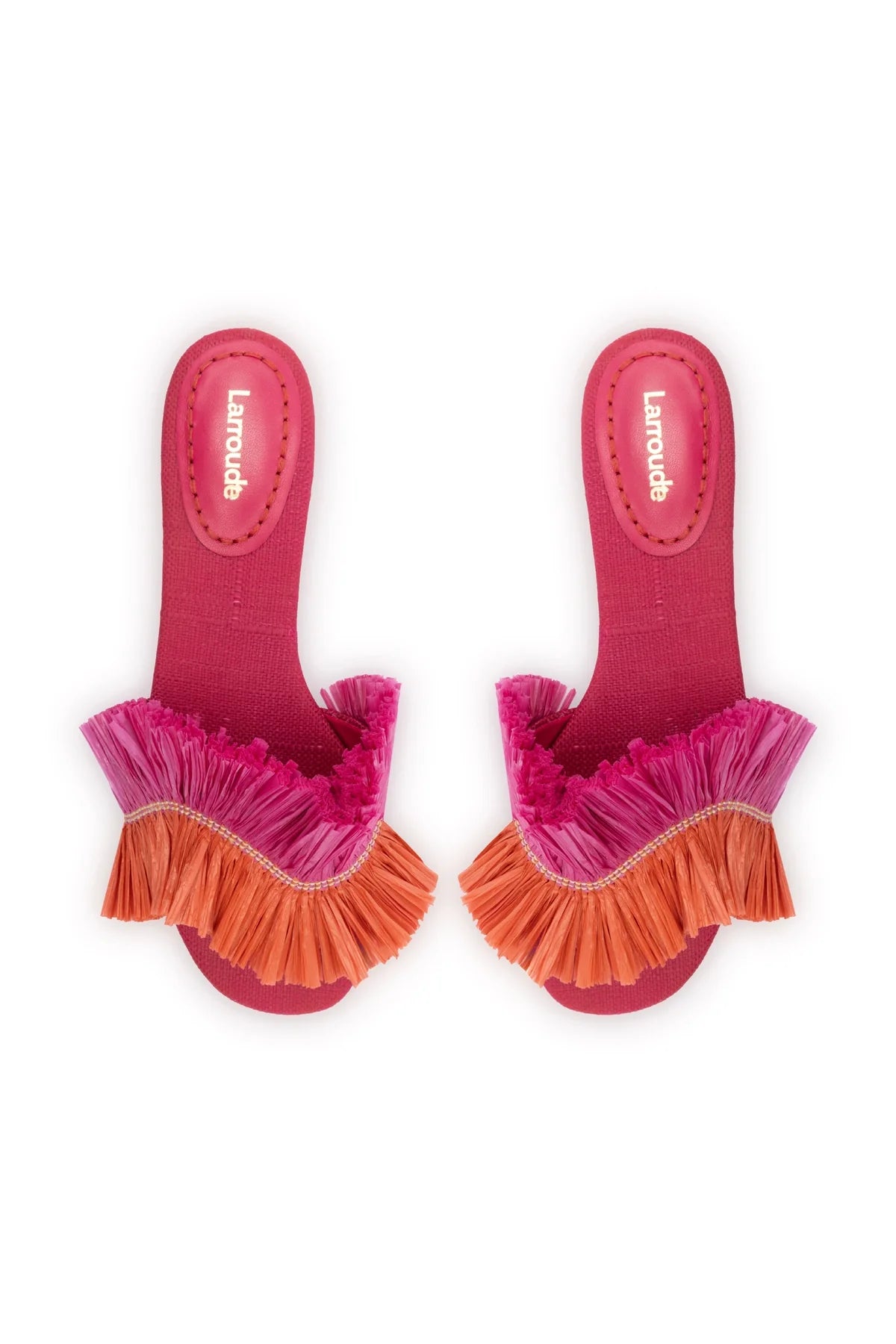 Larroude Ivy Fringe Flat In Pink And Orange Raffia