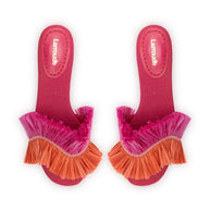 Larroude Ivy Fringe Flat In Pink And Orange Raffia