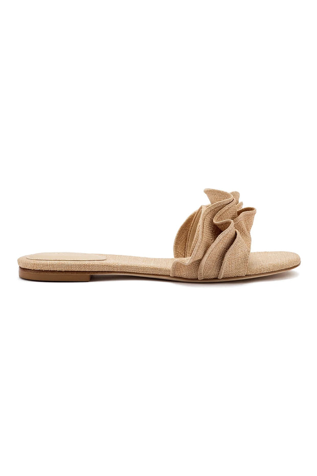 Larroude Ivy Ruffle Flat Mule In Beige Raffia