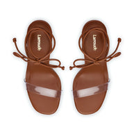 Larroude Gloria Sandal In Caramel Leather And Vinyl