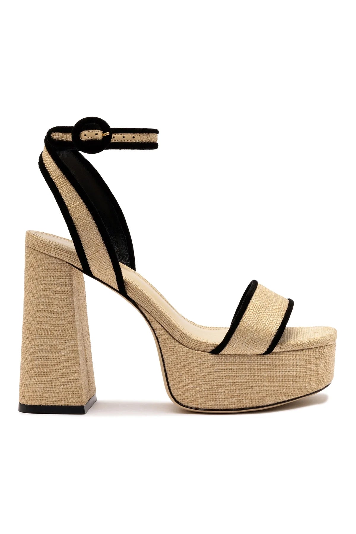 Larroude Dolly Sandal In Beige Raffia and Black Trimming