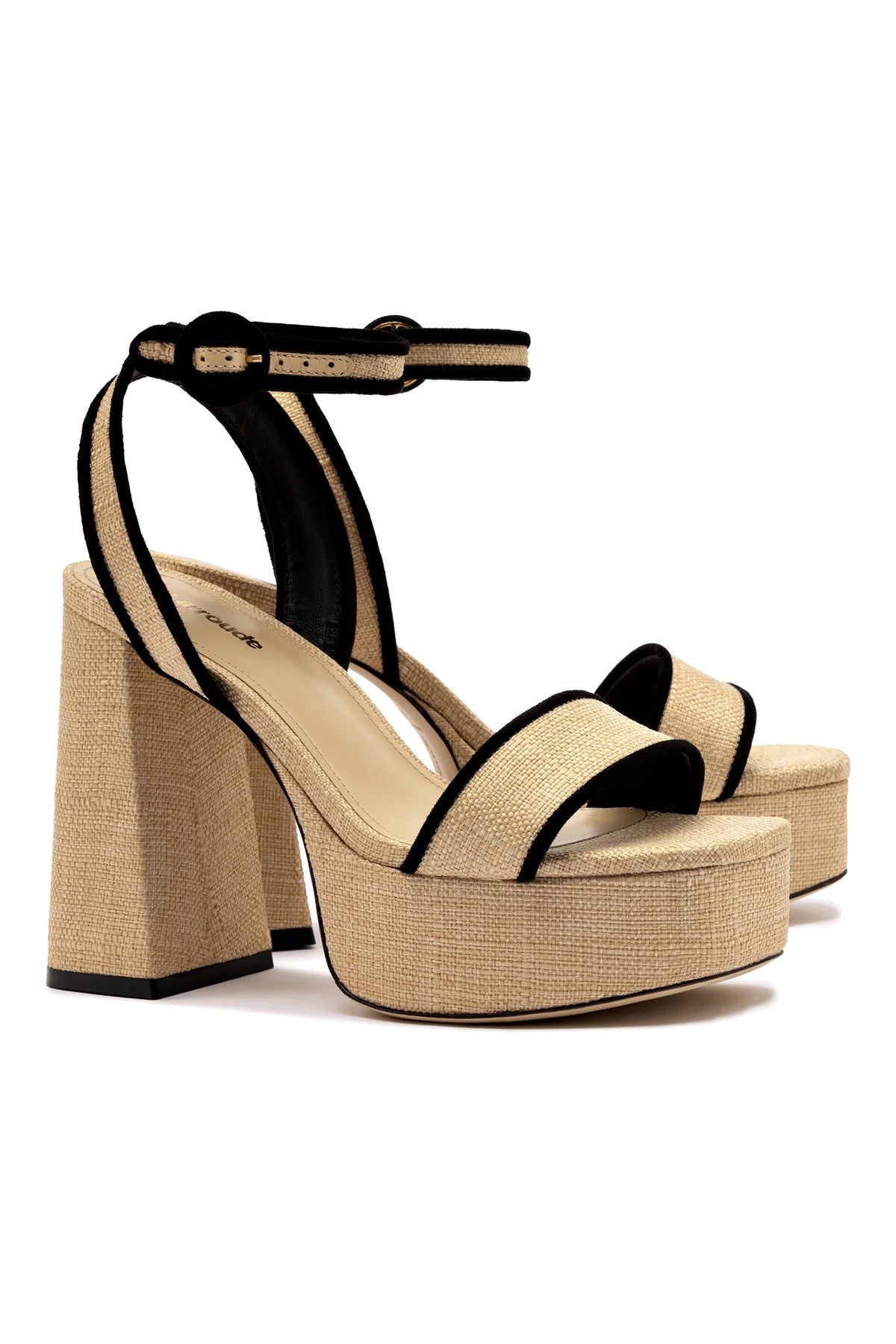 Larroude Dolly Sandal In Beige Raffia and Black Trimming