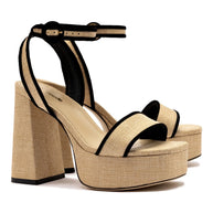 Larroude Dolly Sandal In Beige Raffia and Black Trimming