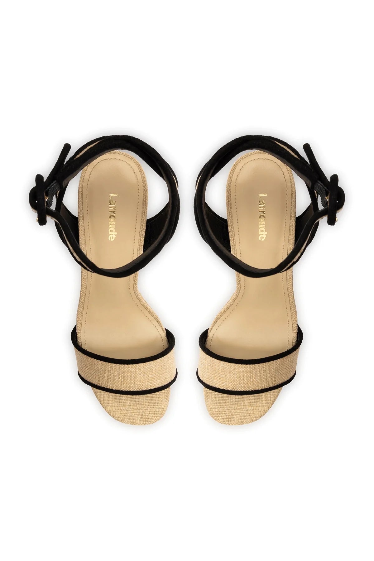Larroude Dolly Sandal In Beige Raffia and Black Trimming