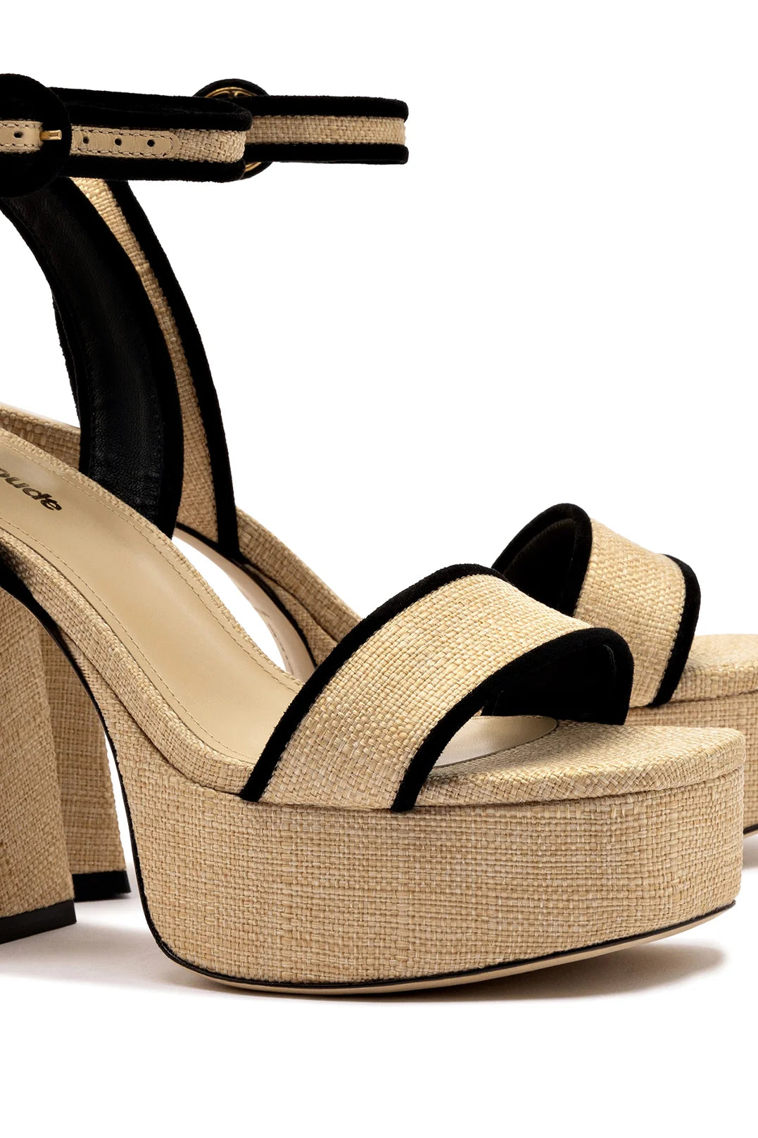 Larroude Dolly Sandal In Beige Raffia and Black Trimming
