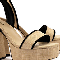 Larroude Dolly Sandal In Beige Raffia and Black Trimming