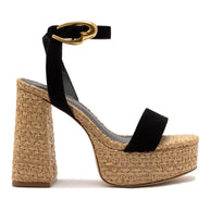 Larroude Dolly Verona Sandal In Black Suede and Natural Raffia