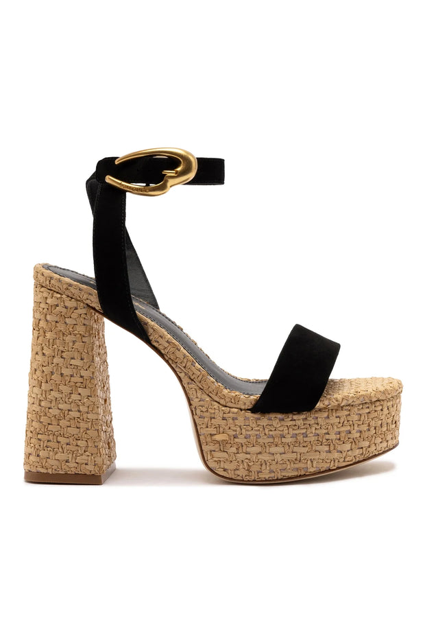 Larroude Dolly Verona Sandal In Black Suede and Natural Raffia